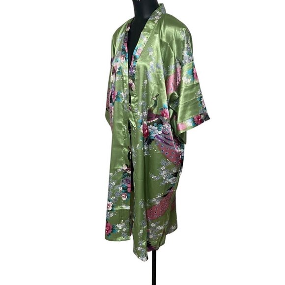 Oriental Village Silk Collection Green Kimono Peacock Print Size - Picture 3 of 7